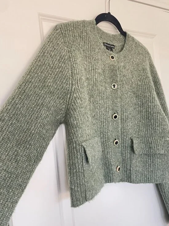 Christian Lacroix Green Wool Blend Cropped Button Sweater – Women’s L - Picture 2 of 8